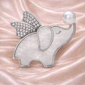 Pearl Elephant Silver Crystal Brooch